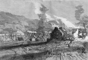 Ansicht der Ruinen von Quebec City (Kanada) nach dem Brand im Juni 1881. Gravur von Lepere in „Die illustrierte Welt“ Nr. 1267 vom 9. Juli