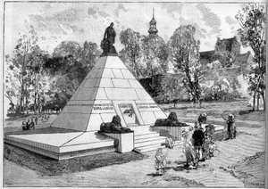 Ansicht des Denkmals zu Ehren des französischen Ägyptologen Auguste-Edouard Mariette (1821-1881) in Boulogne-sur-Mer, Pas-de-Calais (62). Gravur von Lepere in „Le Monde Illustré“ Nr. 1322 vom 29. Juli 1882. von Auguste Lepere