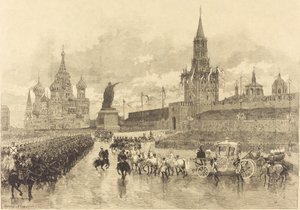 Die Krönung des Zaren. Der kaiserliche Zug durchquert den Königlichen Platz von Auguste Lepère and Auguste Gérardin