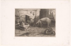 Schwein, Hühner und Kaninchen bei einem Schuppen von Auguste Numans (attributed to)