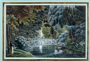Ansicht der Holzbrücke über den Fluss links vom Schloss Malmaison von Auguste Simon Garneray