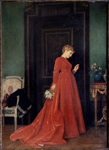 Die Ankunft. Eine elegant gekleidete Frau in einem roten Kleid bereitet sich darauf vor, an eine Tür zu klopfen. Sie hält einen Blumenstrauß und ihr Gesicht drückt eine Mischung aus Ungeduld, Neugier und Zweifel aus. Gemälde von Auguste Toulmouche (1829-18