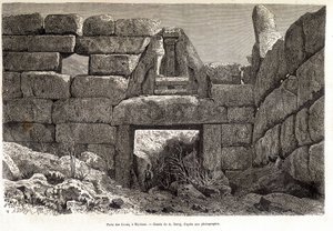Löwentor in Mykene - Zeichnung von A. Deroy, in „Rund um die Welt“ 1877 2. Semester
