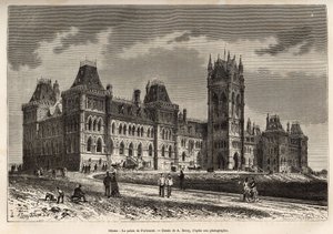 Das Parlamentsgebäude in Ottawa, erbaut zwischen 1859 und 1876, graviert nach einer Zeichnung von A. Deroy, zur Illustration des Ausflugs nach Kanada und zum Red River of the North, von H. De Lamotte 1873, veröffentlicht in „Le tour du monde“ 1875, herausg von Auguste Victor Deroy