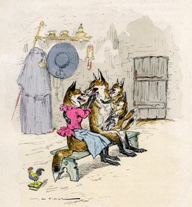 Illustration von A. Vimar für den Roman de Renart (Roman des Fuchses), Ausgabe Henri Laurens 19. Jahrhundert - Goupil und Hermeline der Fuchs, seine Frau, zu Hause, mit ihren Kindern, den kleinen Füchsen -