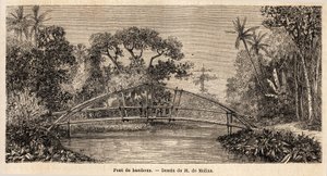 Eine Bambusbrücke im Dschungel, nahe dem Salak-Berg. Zeichnung von M. de Molins, zur Illustration seiner Reise nach Java