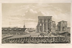 Die erste Säule beim Bau von: Der Bau der Isaakskathedrale, 1845 von Auguste de Montferrand