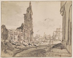 Blick auf die nordöstlichen und nordwestlichen Ecken des Grand Place nach dem Bombardement von 1695 von Augustin Coppens