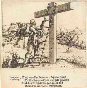 Christus steigt mit Sünde, Tod und Teufel auf das Kreuz von Augustin Hirschvogel