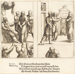 Christus vor Kaiphas und Petrus verleugnet Christus