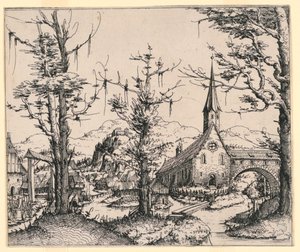 Kirche an einem Bach, überspannt von einer überdachten Brücke