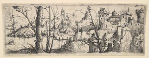 Landschaft mit Festung und Kirche an einem Fluss, 1545 von Augustin Hirschvogel