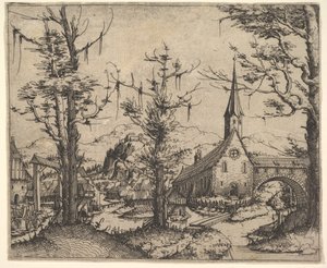 Landschaft mit vier Bäumen und einer Kirche rechts, 1545 von Augustin Hirschvogel