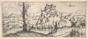 Landschaft mit hohen Felsen und Festungen, 1546