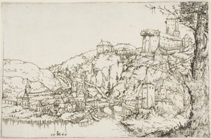 Landschaft mit Fluss, Stadt und Burg