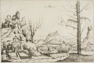 Landschaft mit einer Festung auf einem Hügel von Augustin Hirschvogel