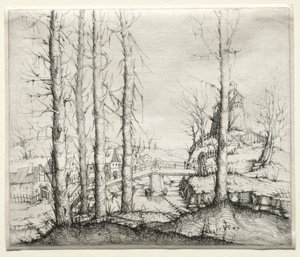 Flusslandschaft mit fünf kahlen Fichten im Vordergrund, 1549