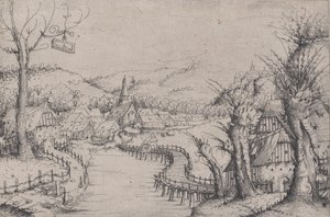 Flusslandschaft mit drei kahlen Weiden rechts und einer langen, gewundenen Holzbrücke, 1546