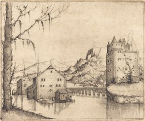 Flusslandschaft mit zwei Gebäuden