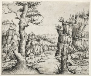 Flusslandschaft mit Felsen links und rechts, 1546 von Augustin Hirschvogel
