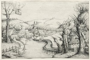 Flusslandschaft mit drei kahlen Weiden rechts und einer langen, gewundenen Holzbrücke in der Mitte, die zu einem Dorf führt