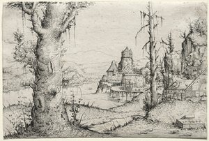 Flusslandschaft mit großem Baum links