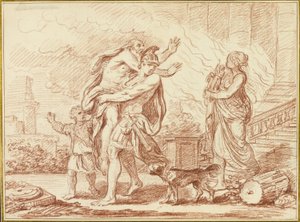 Aeneas flieht mit Anchises aus den Ruinen Trojas