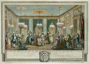 Der Abendkleidball im Haus von Monsieur Villemorien Fila, graviert von L. Provost (kolorierte Gravur) von Augustin de (after) Saint Aubin