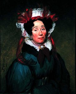 Porträt einer Dame mit roter und weißer Haube von Augustine Cochet St. Omer