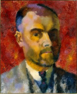 Selbstporträt von Augusto Giacometti vor rotem Hintergrund