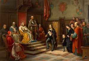 Friedrich III., gedrängt, gegen die Türken zu marschieren, von Triester Dichter Raffaele Zovenzoni, von Augusto Tominz (1818-1883) von Augusto Tominz