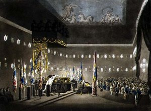 Überreste von Lord Viscount Nelson im Painted Chamber im Greenwich Hospital, graviert von J. Merigot, veröffentlicht 1806 von Augustus Charles (after) Pugin