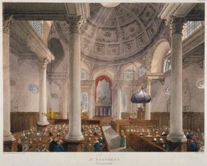 Innenraum der Kirche St Stephen Walbrook während eines Gottesdienstes, City of London, 1809 von Augustus Charles Pugin, Thomas Rowlandson
