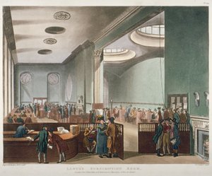 Innenansicht des Lloyds Subscription Room in der Royal Exchange, City of London, 1809 von Augustus Charles Pugin, Thomas Rowlandson