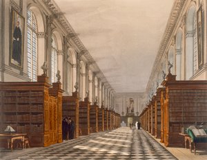 Innenansicht der Trinity College Bibliothek, Cambridge, aus The History of Cambridge, graviert von Daniel Havell, veröffentlicht von R. Ackermann, 1815