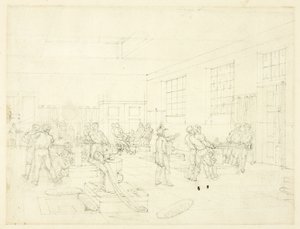 Studie für Die Münze, aus Microcosm of London (recto); Skizze des Innenhofs (verso)