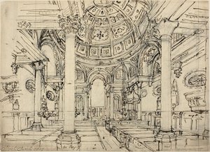 Studie für die Walbrook-Kirche (recto); Skizzen von Segelbooten, Männern und Dinghies (verso) von Augustus Charles Pugin