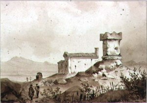 Italienische Landschaft mit antikem römischen Sarkophag
