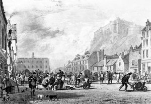 Das Schloss vom Grass Market, Edinburgh, radiert von George Cooke und Henry Le Keux, 1820