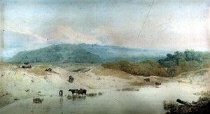 Ansicht in Yorkshire, Fluss und Vieh