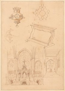 Entwürfe für gotische Ornamentik, ein Kniekissen und zwei Skizzen der Innenräume gotischer Kirchen