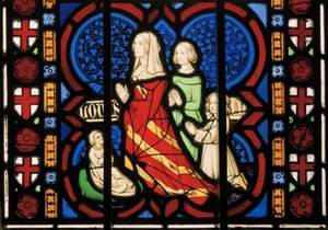 Pugins zweite Frau Louisa mit ihrer Stieftochter Anne und ihren beiden Töchtern Agnes und Katherine, Ostfenster der Kapelle von Augustus Welby Northmore Pugin