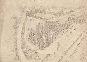 Skizze einer gotischen Kirche und eines Klosters von Augustus Welby Northmore Pugin