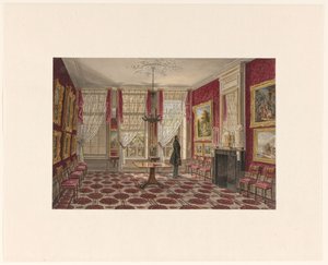 19. Jahrhundert Interieur mit Gemälden und stehender Figur