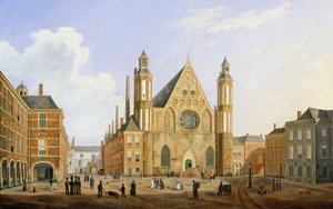 Der Binnenhof in Den Haag mit Blick auf den Ridderzaal mit Soldaten und anderen Figuren im Hof