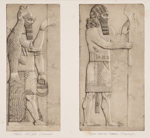 Fischgott (Nimrud) und Figur nahe einem Eingang (Kouyunjik), aus Denkmäler von Ninive, veröffentlicht 1849 von Austen Henry Layard