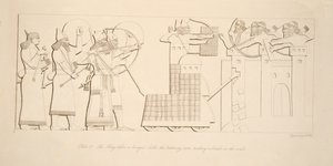 Der König vor einer belagerten Burg, der Rammbock macht eine Bresche in die Mauern, aus Denkmäler von Ninive, veröffentlicht 1849