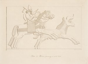 Krieger verfolgt einen wilden Stier, aus Denkmäler von Ninive, veröffentlicht 1849 von Austen Henry Layard