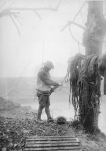 Ein unbekannter australischer Artilleriefahrer reinigt den Schlamm von den Geschirren seines Teams in einer Unterkunft in der Nähe von Mametz, Dezember 1916