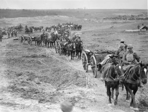 Limbers der 6. Brigade der Australischen Feldartillerie bringen Munition zu den Geschützen durch die Hindenburg-Linie in der Nähe von Bellicourt, 4. Oktober 1918